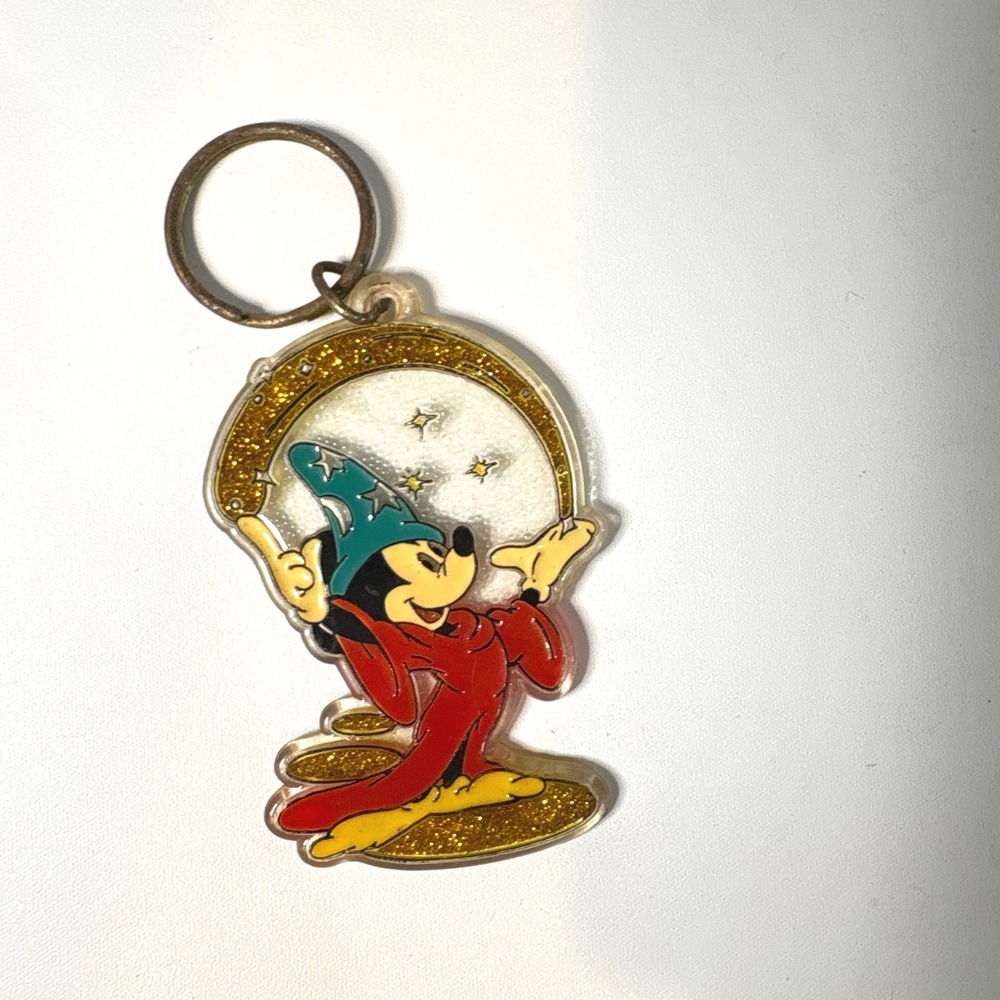 Vintage Disney Sorcerer Mickey Mouse Fantasia Acrylic Glitter Keychain Charm